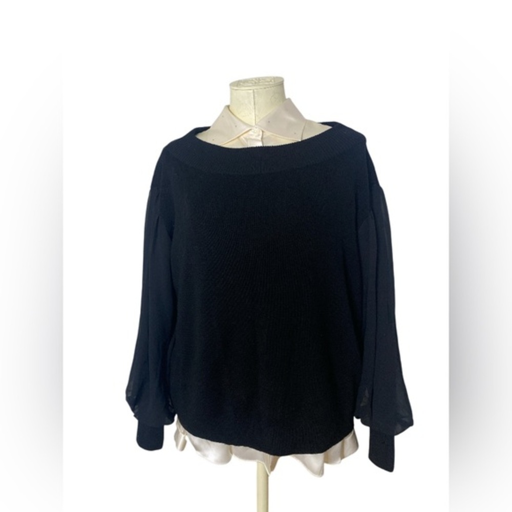 Club Monaco Women's  Quine Black merino wool / chiffon sleeves Boat Neck size M